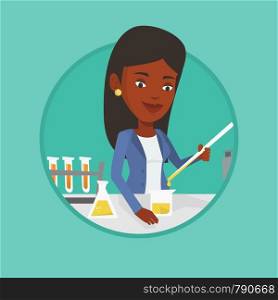 Student carrying out laboratory experiment. Student working with microscope at laboratory class. Girl experimenting in laboratory. Vector flat design illustration in the circle isolated on background.. Student working at laboratory class.