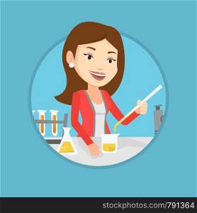 Student carrying out laboratory experiment. Student working with microscope at laboratory class. Girl experimenting in laboratory. Vector flat design illustration in the circle isolated on background.. Student working at laboratory class.