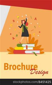 Student celebrating graduation. Girl in gown and cap with diploma dancing on books flat vector illustration. Graduate, education, college concept for banner, website design or landing web page