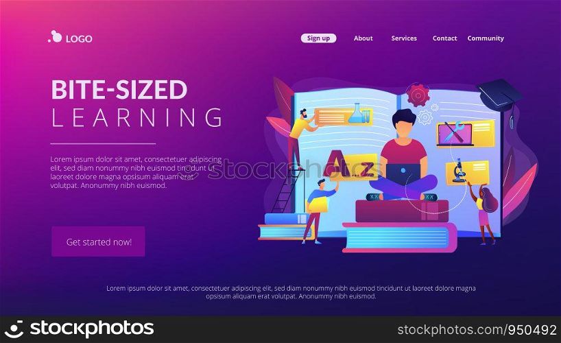 Student centered education, knowledge gaining, remote graduation. Bite-sized learning, learn at own pace, flexible learning process concept. Website homepage landing web page template.. Personalized learning concept landing page