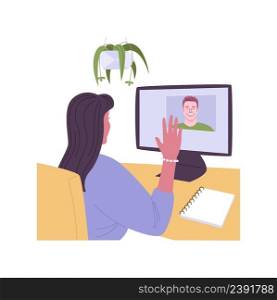 Student chat isolated cartoon vector illustrations. Girl greeting her colleagues via video conference, fellow students chat, online degree, distance learning, virtual education vector cartoon.. Student chat isolated cartoon vector illustrations.