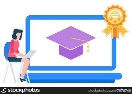 Student communication with laptop, graduate hat icon. Woman using laptop, electronic education, e-learning with wireless device, university symbol vector. Electronic Education of Student with Laptop Vector