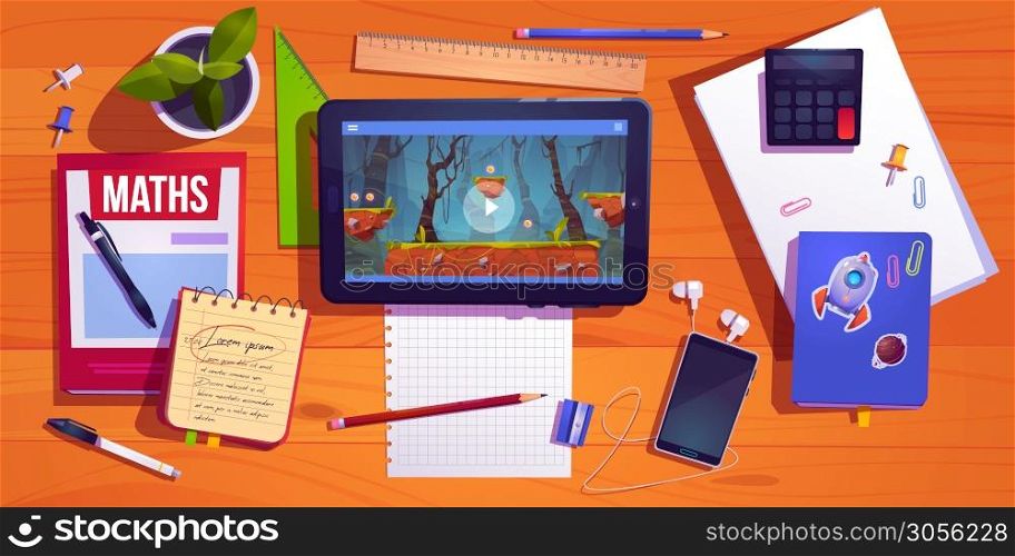 Student desk top view, teenager home workplace table with studying stationery tablet with computer game, textbooks, smartphone with headset, potted plant and calculator, Cartoon vector illustration. Student desk top view, teenager home workplace
