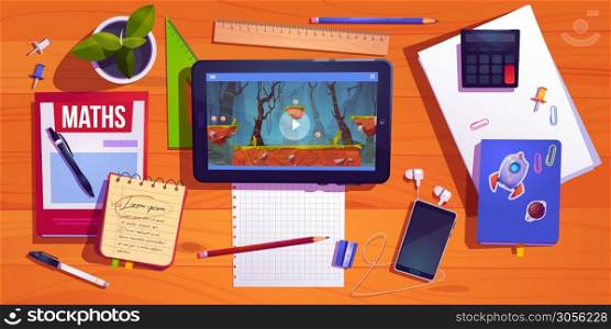 Student desk top view, teenager home workplace table with studying stationery tablet with computer game, textbooks, smartphone with headset, potted plant and calculator, Cartoon vector illustration. Student desk top view, teenager home workplace