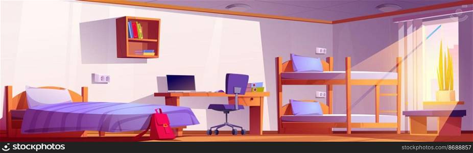 Student dormitory room with bunk, bed, laptop on desk, office chair and bookshelf. Vector cartoon interior of empty dorm bedroom or hostel apartment with wooden furniture and backpack. Student dormitory or hostel room with bunk and bed