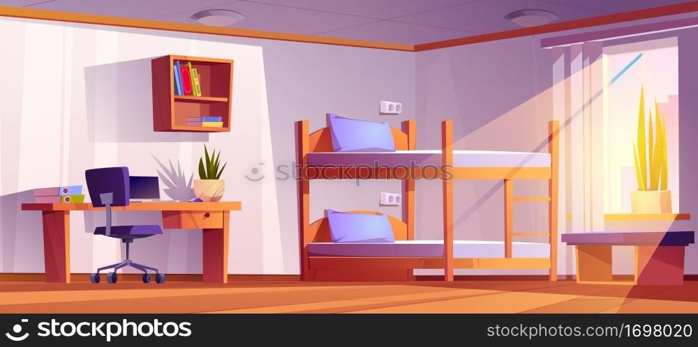 Student dormitory room with bunk, laptop on desk, office chair and bookshelf. Vector cartoon interior of empty dorm bedroom or hostel apartment with wooden bed with ladder and table. Student dormitory or hostel room with bunk