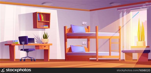 Student dormitory room with bunk, laptop on desk, office chair and bookshelf. Vector cartoon interior of empty dorm bedroom or hostel apartment with wooden bed with ladder and table. Student dormitory or hostel room with bunk