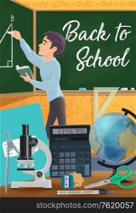 Student drawing geometric shape with chalk on chalkboard, back to school and education vector design. Cartoon boy, ruler and globe, notebook, pen and scissors, calculator, microscope and sharpener. Student at classroom, chalkboard, school supplies
