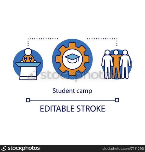 Student educational camp concept icon. Summer club, community idea thin line illustration. Sharing learning experience. College, university facility. Vector isolated outline drawing. Editable stroke