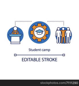 Student educational camp concept icon. Summer club, community idea thin line illustration. Sharing learning experience. College, university facility. Vector isolated outline drawing. Editable stroke