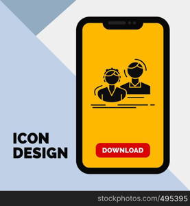 student, employee, group, couple, team Glyph Icon in Mobile for Download Page. Yellow Background. Vector EPS10 Abstract Template background