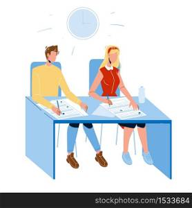 Student Exam Write On Paper Answer Sheet Vector. Student Boy And Girl Sitting At Table And Write Test In Classroom. Characters School Or University Education Flat Cartoon Illustration. Student Exam Write On Paper Answer Sheet Vector