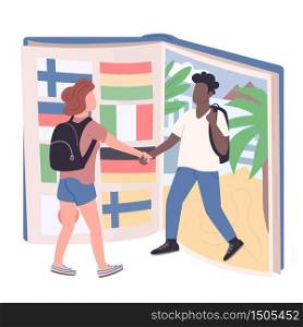 Student exchange program flat concept vector illustration. Caucasian girl and african american boy, university pupils 2D cartoon characters for web design. Education abroad experience creative idea