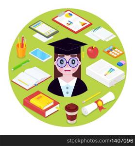 Student girl and stationary on green background.Vector illustration.