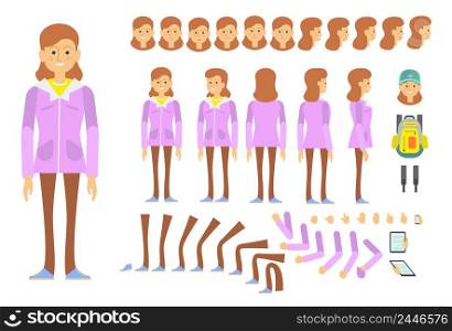 Student girl character creative set with different poses, gestures, emotions. Animation constructor, changeable parts, front, back and side view. Can be used for topics like tourism, school, college