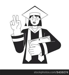 Student girl in robe and academic cap flat line black white vector character. Editable outline half body student holds diploma. Education simple cartoon isolated spot illustration for web graphic. Student girl in robe and academic cap flat line black white vector character