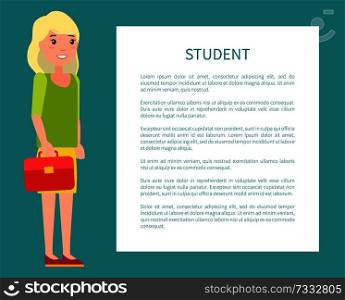 Student girl poster with fill form for text, girl with leather case, blonde student in stylish cloth on banner, vector illustration of teenage woman. Student Girl Poster with Fill Form for Text Case