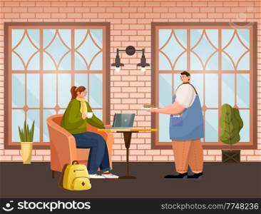 Student girl sitting in cafe and working with laptop, waiter bring burger to guest, pretty female relaxing, working, studying in cafe or in restaurant, stylish interior of cafe with big windows. Student girl sitting in cafe and working with laptop, waiter bring burger to guest, girl studying