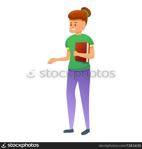 Student girl with book icon. Cartoon of student girl with book vector icon for web design isolated on white background. Student girl with book icon, cartoon style