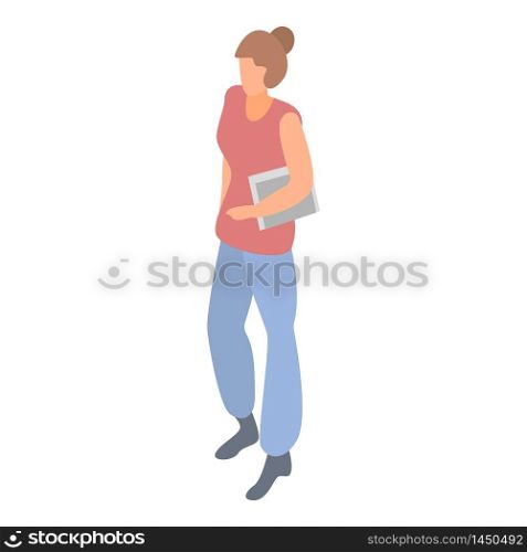 Student girl with book icon. Isometric of student girl with book vector icon for web design isolated on white background. Student girl with book icon, isometric style