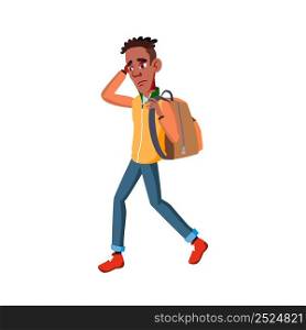 Student Go To College And Think For Exam Vector. Frustrated African Boy Student Walking To University And Thinking About Session. Sad Character Teenager With Rucksack Flat Cartoon Illustration. Student Go To College And Think For Exam Vector