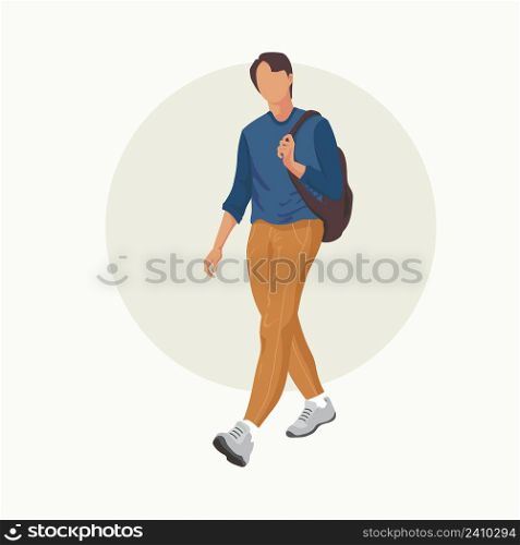Student going to college flat vector illustration.Young man with backpack walking isolated clip art