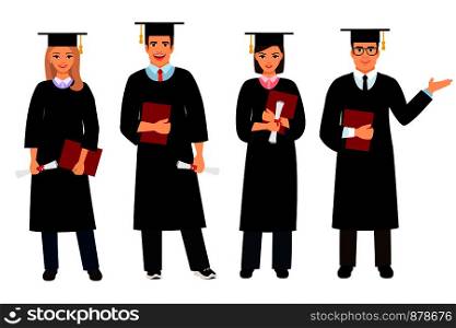 Student graduation set vector illustration. University female and male students graduate people isolated on white background. Student graduation set