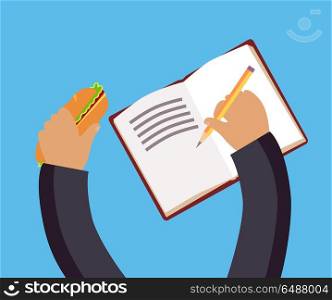 Student He is Trying to Solve his Homework. Student he is trying to solve his homework. He is writes. Vector illustration