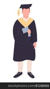 Student holding diploma semi flat color vector character. Standing figure. Full body person on white. Graduate in academic dress simple cartoon style illustration for web graphic design and animation. Student holding diploma semi flat color vector character