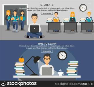 Student horizontal banner set with young people studying isolated vector illustration. Student Banner Set