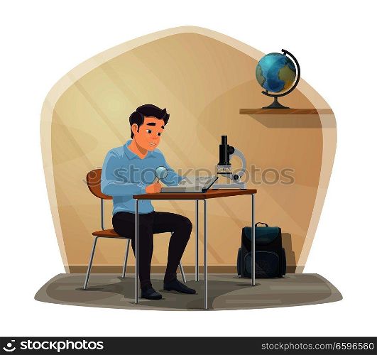 Student in classroom study biology with microscope or reading book. College or school boy in class with bag and geography globe on shelf for Back to School season vector design. Student boy in biology or astronomy lesson class