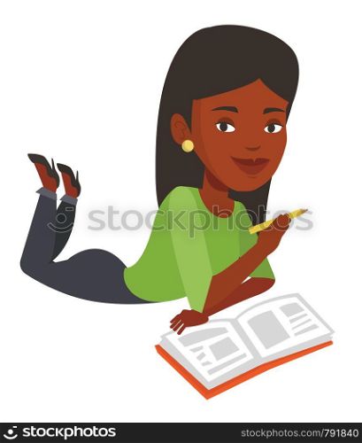 Student laying on the floor and writing in exercise book. Student laying with an exercise book. Student doing homework in exercise book. Vector flat design illustration isolated on white background.. Student laying on the floor and reading book.