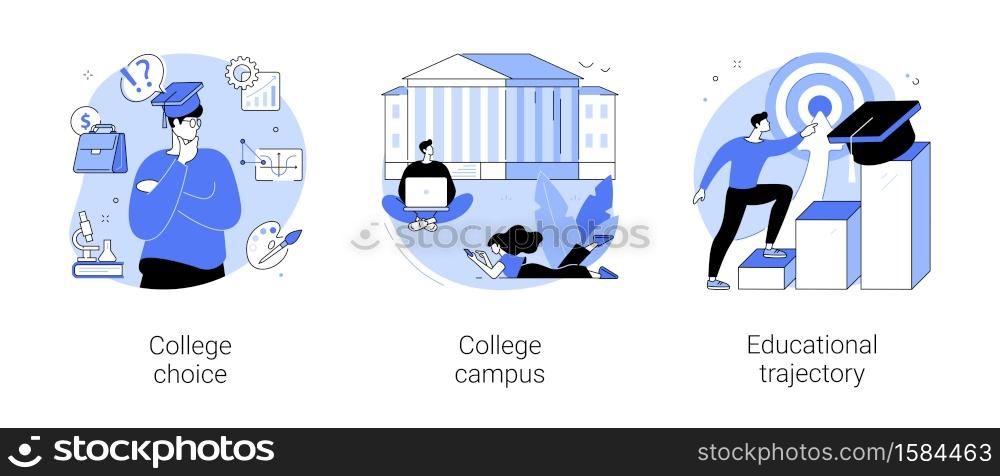 Student life abstract concept vector illustration set. College choice, college campus, educational trajectory, assessment test, graduation, campus tour, university events, library abstract metaphor.. Student life abstract concept vector illustrations.