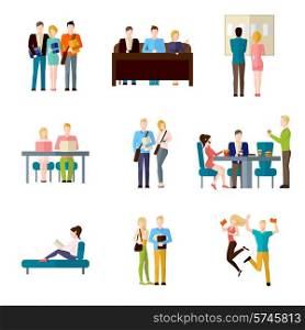Student life set with classroom learning coffee break homework writing isolated vector illustration