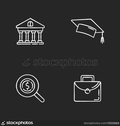 Student loan chalk white icons set on black background. Credit for education. Money for college. University scholarship. Academic degree. Bank service. Isolated vector chalkboard illustrations. Student loan chalk white icons set on black background