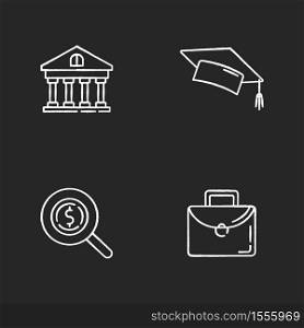 Student loan chalk white icons set on black background. Credit for education. Money for college. University scholarship. Academic degree. Bank service. Isolated vector chalkboard illustrations. Student loan chalk white icons set on black background