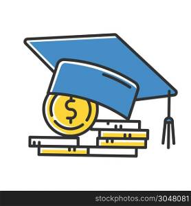 Student loan color icon. Credit to pay for university education. Tuition fee. College scolarship. Graduation hat, coin stack. Budget investment. Academic achievement. Isolated vector illustration