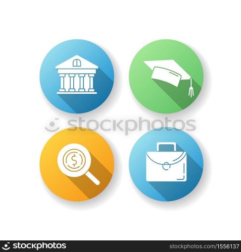 Student loan flat design long shadow glyph icons set. Credit for education. University scholarship. Graduation from high school. Academic degree. Bank service. Silhouette RGB color illustration. Student loan flat design long shadow glyph icons set