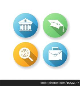 Student loan flat design long shadow glyph icons set. Credit for education. University scholarship. Graduation from high school. Academic degree. Bank service. Silhouette RGB color illustration. Student loan flat design long shadow glyph icons set
