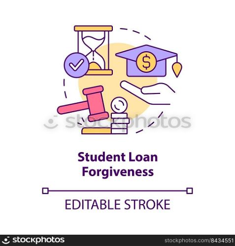 Student loan forgiveness concept icon. Education costs. Issue in higher education abstract idea thin line illustration. Isolated outline drawing. Editable stroke. Arial, Myriad Pro-Bold fonts used. Student loan forgiveness concept icon