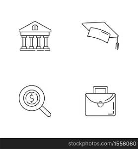 Student loan linear icons set. Credit for education. Money for college. University scholarship. Customizable thin line contour symbols. Isolated vector outline illustrations. Editable stroke. Student loan linear icons set