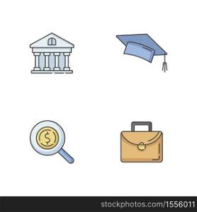 Student loan RGB color icons set. Credit for education. Money for college. University scholarship. Graduation from high school. Academic degree. Bank service. Isolated vector illustrations. Student loan RGB color icons set