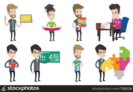 Student looking at test paper with bad mark. Student disappointed test with F grade. Student dissatisfied with the test results. Set of vector flat design illustrations isolated on white background.. Vector set of student and teacher characters.