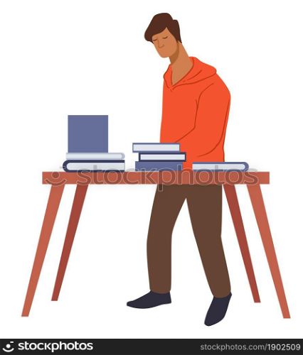 Student looking for book in library or bookstore or market. Isolated male character reading books, publications on table for sale. Person preparing for exam searching information. Vector in flat style. Bookstore or library, market with books volumes