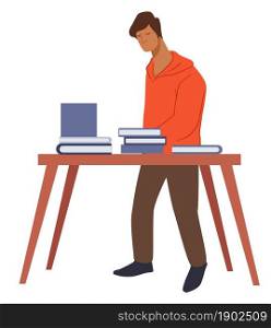 Student looking for book in library or bookstore or market. Isolated male character reading books, publications on table for sale. Person preparing for exam searching information. Vector in flat style. Bookstore or library, market with books volumes