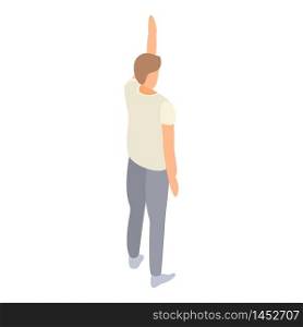 Student man hand up icon. Isometric of student man hand up vector icon for web design isolated on white background. Student man hand up icon, isometric style