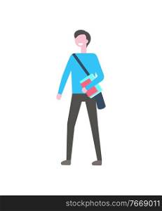 Student man with textbook and bag over shoulder vector isolated cartoon character. Smiling college or c&us boy in blue jacket and black trousers, c&us pupil. Student Man and Textbook, Bag Over Shoulder Vector
