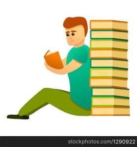Student near book stack icon. Cartoon of student near book stack vector icon for web design isolated on white background. Student near book stack icon, cartoon style