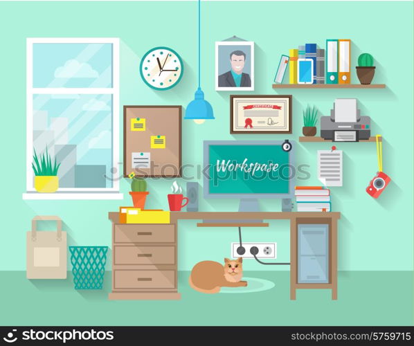 Student or businessman workplace in room with desk computer bookshelf poster vector illustration. Workplace In Room