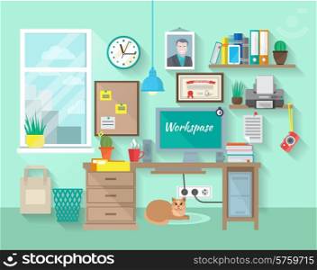 Student or businessman workplace in room with desk computer bookshelf poster vector illustration. Workplace In Room